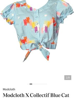 Modcloth Light Blue Tie-Front Crop Top with Multicolor Cat Print